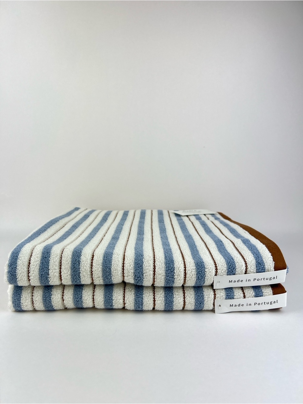 Bianca Bath Towel Set Blue Cream Brown Striped Soft Cotton Portugal 2 Pc NEW